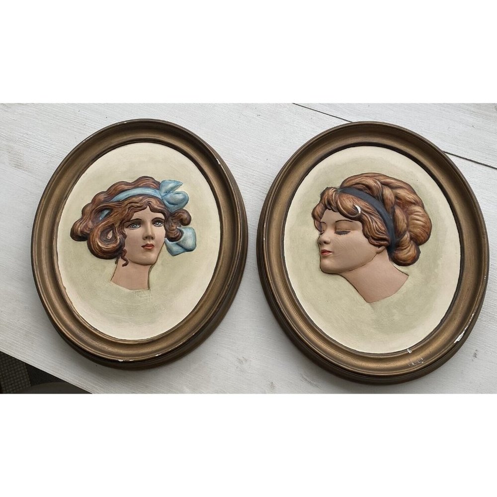 Vintage DUNCAN CERAMIC Lovely Lady Wall Plaque Erma Gilliland Set of 2 Cameo